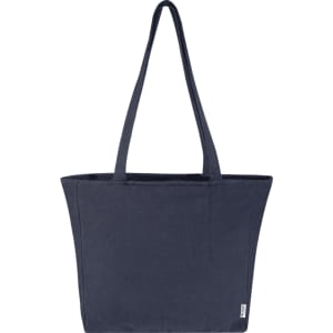 A navy blue tote bag with two long handles and a single spacious compartment, featuring a logo.