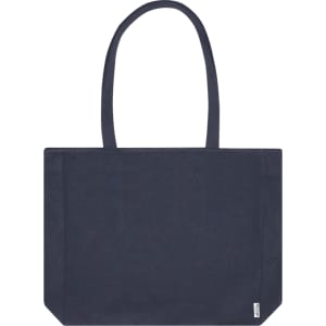 A navy blue recycled zip tote bag with long handles and a simple design. It features a branding logo.