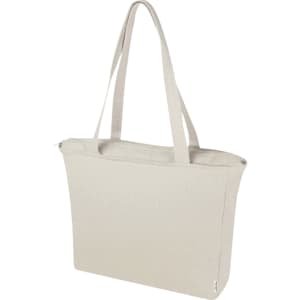 A light beige recycled zip tote bag with long handles and a zip closure. Features a logo on the side.