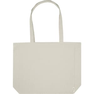 A light grey recycled zip tote bag with long straps and a simple design. It features branding on one side.