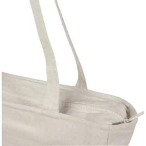 A light beige recycled zip tote with two long handles and a zip closure, featuring a logo.
