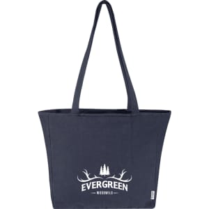 A navy tote bag featuring a logo and a stylish design with antlers and trees.