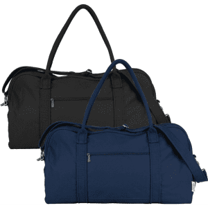 A recycled canvas duffel bag in black and navy, featuring carrying handles and external zip pockets.