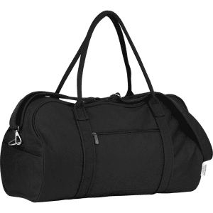 A black duffel bag with a zippered pocket, sturdy handles, and a logo. Ideal for travel or gym use.