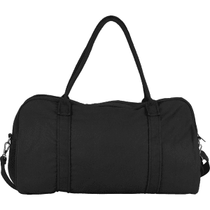 A black duffel bag with dual handles and an adjustable shoulder strap, featuring a logo.
