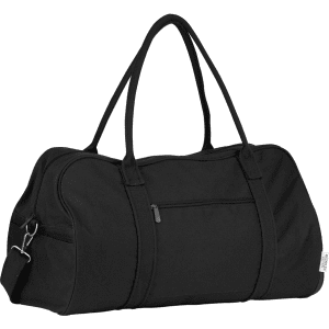 A black duffel bag with dual handles, a shoulder strap, and a front zip pocket. It has a logo on the side.