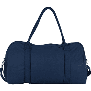 A dark blue duffel bag with a sturdy handle and adjustable shoulder strap, featuring a logo.