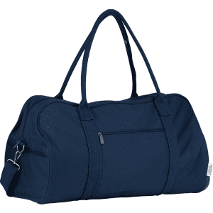 A navy duffel bag with dual handles, a shoulder strap, and a front zipper pocket. It features a logo.
