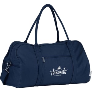 A navy duffel bag with a shoulder strap and logo, featuring a zippered pocket on the front.