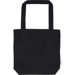 A black tote bag with two handles and a simple design. It features a branding logo on the side.