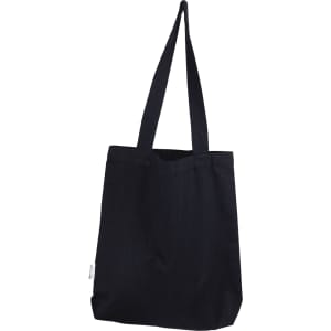A black tote bag with two long handles, featuring a simple design and a logo on the side.
