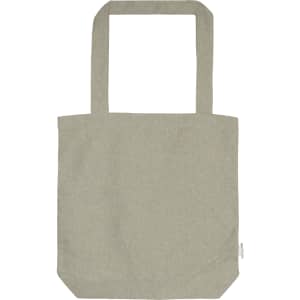 A light grey tote bag with two handles and a simple design, featuring a logo.