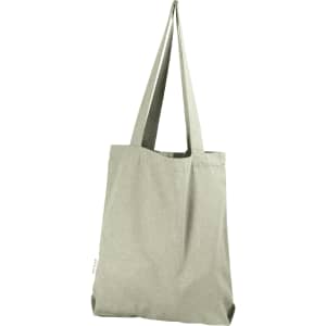 A grey tote bag with two long handles and a simple design. It features a branding logo.