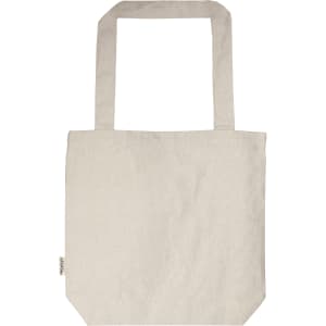 A natural beige tote bag with two sturdy handles and a plain design. It features a small branding label.