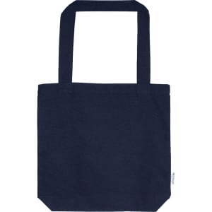 A navy tote bag with dual handles and a rectangular base, featuring a logo on the side.
