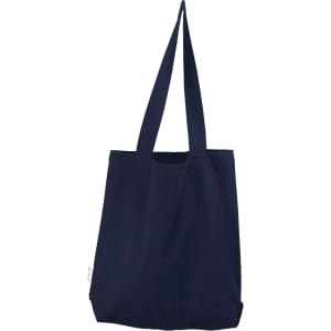 A navy tote bag with two shoulder straps and a simple design. It features a logo on the side.
