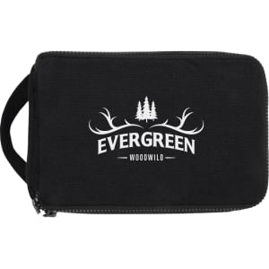 A black toiletry organiser with a zip closure and a logo featuring trees and antlers.