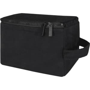 A black toiletry organiser with a zippered closure and a handle for easy transport. It has a simple, rectangular design.