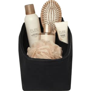 A black toiletry organiser filled with a body wash, lotion, hairbrush, and a loofah. It features a logo.