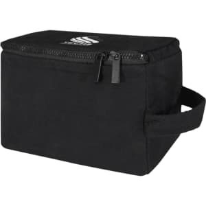A black toiletry organiser with a zip closure and a side handle, featuring a logo on the front.