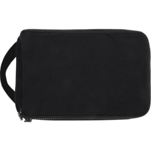 A black toiletry organiser with a zip closure and a carrying handle. It features a branding logo.