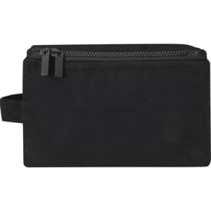 A black toiletry organiser with a zip closure and a carrying handle, designed for storage convenience.