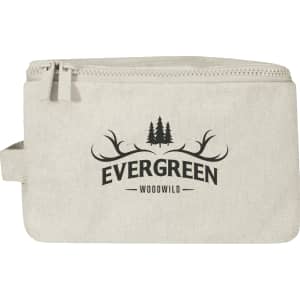 A cream toiletry organiser with a zip closure and a logo featuring trees and antlers.