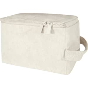 A cream toiletry organiser with a zip closure and a handle on the side. It has a simple design and a logo.