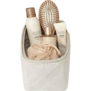 A beige toiletry organiser containing hair products, a hairbrush, and a shower loofah. It has a simple design and a logo.