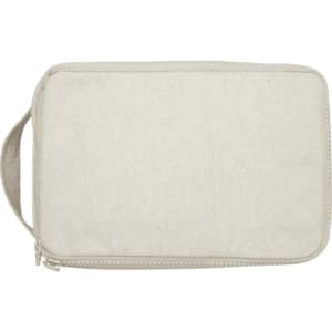 A toiletry organiser in a light beige fabric with a zip closure and a carrying handle. Features a logo.