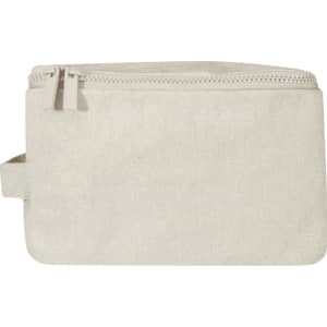 A toiletry organiser in a neutral cream colour with a zip closure and a small handle. It features a simple design.