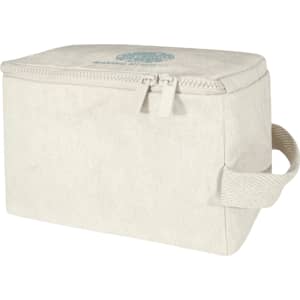 A cream toiletry organiser with a zip closure and a handle, featuring a logo on the front.