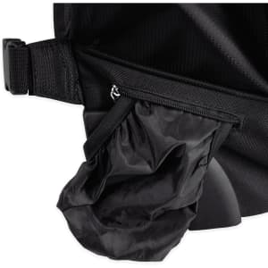 A black wheeled backpack with a zippered pocket and a folded compartment visible. Features a textured surface and logo.
