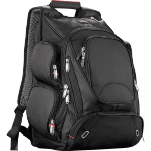 A black, checkpoint-friendly backpack with multiple zippered pockets and a mesh side pocket. Features a logo.