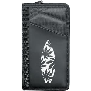 A black travel wallet with a textured surface and a decorative surfboard design, featuring a logo.