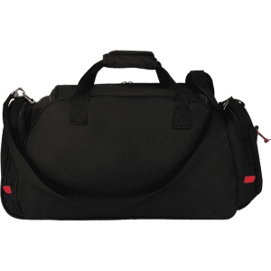 A black duffel bag with a shoulder strap, featuring multiple compartments and a logo.