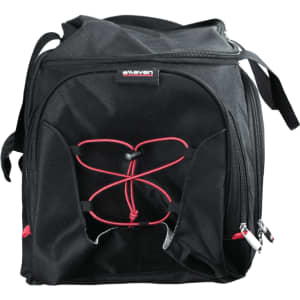 A black duffel bag with red accents featuring a bungee cord design on the front and multiple zippered compartments.