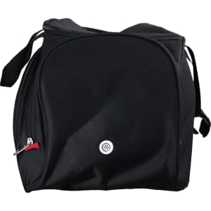 A black duffel bag with a zip closure and an additional pocket, featuring a logo.