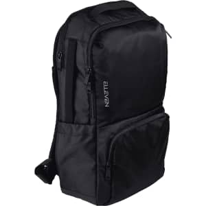 A black backpack with multiple compartments and a logo, designed for carrying laptops and accessories.