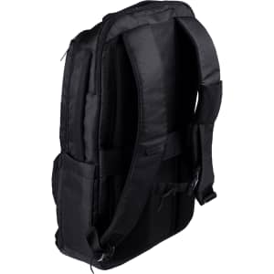 A black backpack with padded straps and multiple compartments, featuring a logo on one side.