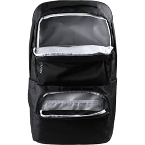 A black backpack with multiple compartments, featuring a zipper closure and a sleek design.