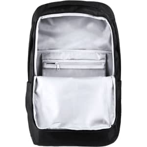 A black backpack with a spacious interior, featuring grey lining and multiple pockets. It includes a branded logo.