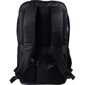 A black backpack with adjustable straps and a padded back, featuring a branding logo.