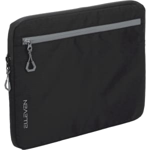 A black laptop sleeve with a zippered front pocket and a logo, designed for a 16-inch laptop.