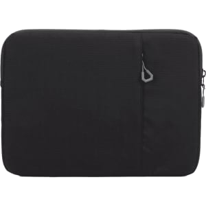 A black laptop sleeve with a zippered pocket, featuring a subtle texture and a branding logo.