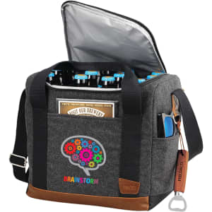 A drink bottle cooler bag in charcoal grey, featuring a design with multiple drink bottles inside and a logo.