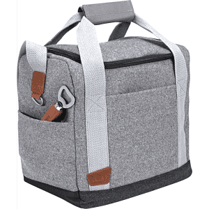 A grey cooler bag with handles and a bottle opener, featuring a zip closure and leather accents.
