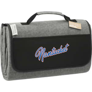 An oversized picnic rug in grey with a black carrying strap and a logo.