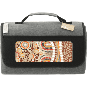 A grey oversized picnic rug with a decorative pattern in earthy tones. It features a black flap and a handle.