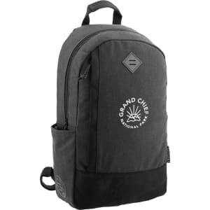 A grey and black laptop backpack with a branded logo and side pocket. Ideal for carrying a computer and essentials.